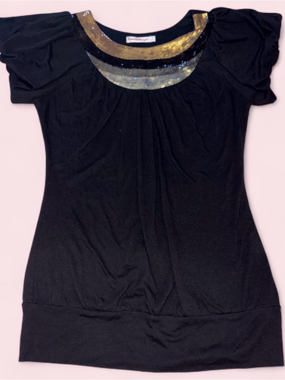 Chelsea & Violet Black Short Sleeve Top with Gold & Silver Sequin Scoop Neck